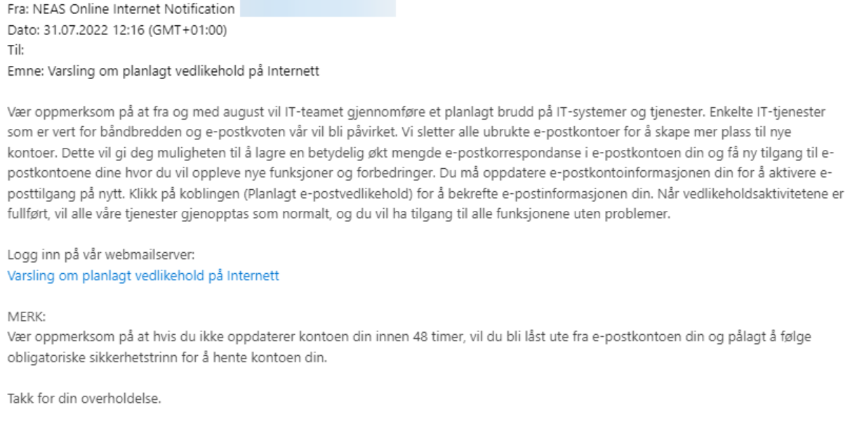 Eksempel på en svindel-epost